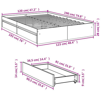 vidaXL Lovos rėmas su stalčiais, betono, 120x190cm, apdirbta mediena