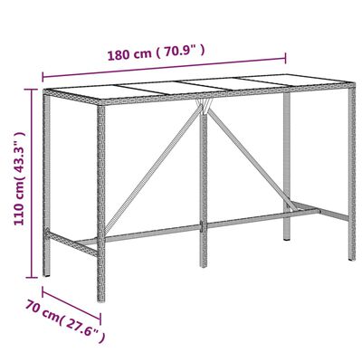 vidaXL Stalas su stikliniu stalviršiu, rudas, 180x70x110cm, ratanas