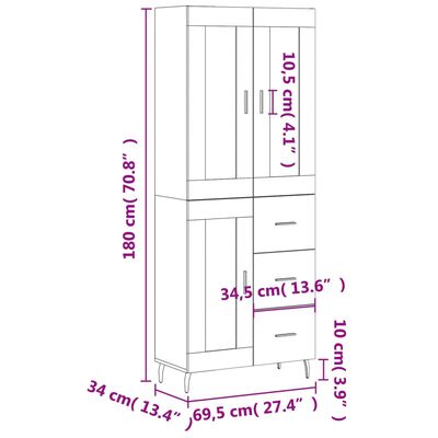 vidaXL Komoda, baltos spalvos, 69,5x34x180cm, apdirbta mediena