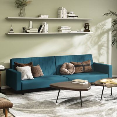 vidaXL Dvivietė sofa-lova, mėlynos spalvos, aksomas