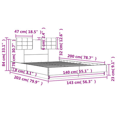 vidaXL Lovos rėmas su galvūgaliu ir LED, juodos spalvos, 140x200cm