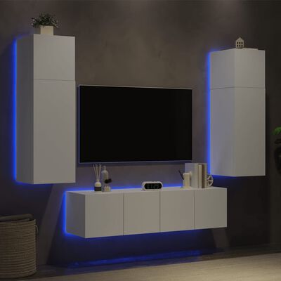 vidaXL Sieninė TV sekcija su LED, 6 dalių, balta, apdirbta mediena