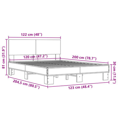 vidaXL Lovos rėmas, rudas ąžuolo, 120x200cm, apdirbta mediena/metalas