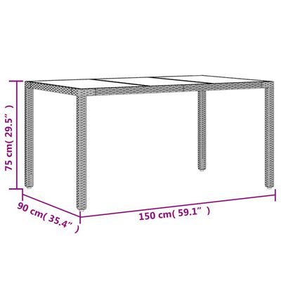 vidaXL Stalas su stikliniu stalviršiu, pilkas, 150x90x75cm, ratanas