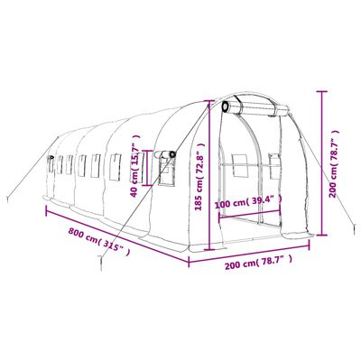 vidaXL Šiltnamis su plieno rėmu, baltos spalvos, 8x2x2m, 16m²