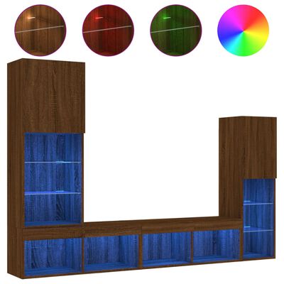 vidaXL Sieninė TV sekcija su LED, 4 dalių, ruda ąžuolo, mediena