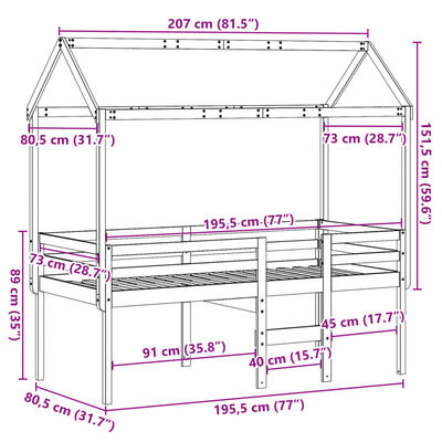 vidaXL Aukšta lova su stogu, 75x190cm, pušies medienos masyvas