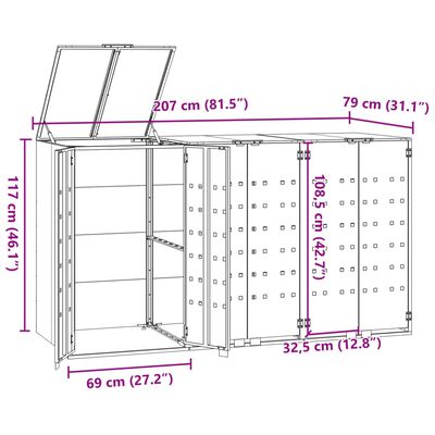 vidaXL Stoginė trim konteineriams, pilka, 207x79x117cm, plienas