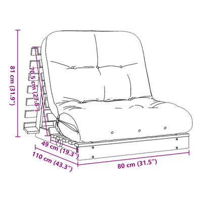 vidaXL Futono sofa-lova su čiužiniu, 80x206x11cm, impregnuota pušis