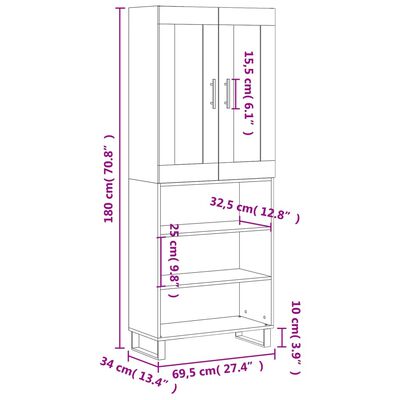 vidaXL Komoda, betono pilkos spalvos, 69,5x34x180cm, apdirbta mediena