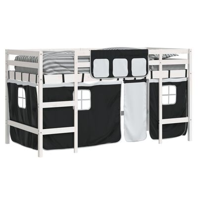 vidaXL Aukšta lova su užuolaidomis, balta/juoda, 90x200cm, pušis