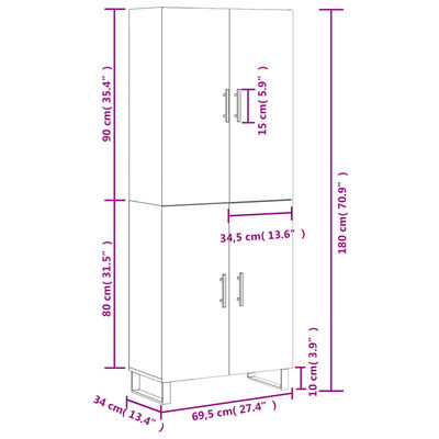 vidaXL Komoda, betono pilkos spalvos, 69,5x34x180cm, apdirbta mediena