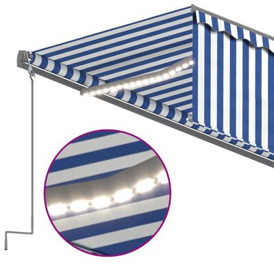 vidaXL Markizė su uždanga/LED/vėjo jutikliu, mėlyna/balta, 5x3m