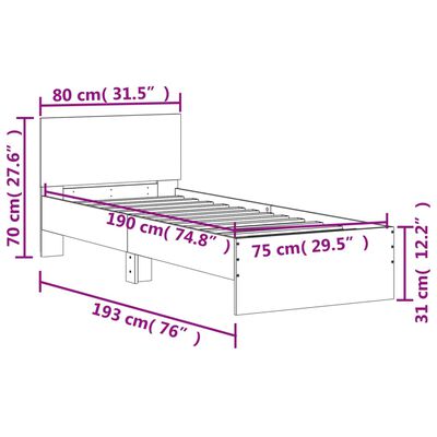 vidaXL Lovos rėmas su galvūgaliu ir LED lemputėmis, rudas, 75x190cm