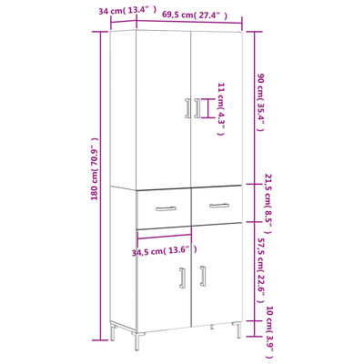 vidaXL Komoda, betono pilkos spalvos, 69,5x34x180cm, apdirbta mediena