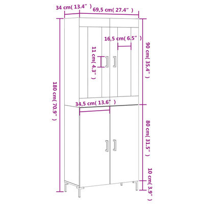 vidaXL Komoda, baltos spalvos, 69,5x34x180cm, apdirbta mediena, blizgi