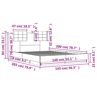 vidaXL Lovos rėmas su galvūgaliu ir LED, pilkas ąžuolo, 140x200cm