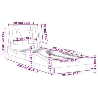 vidaXL Lovos rėmas su LED, pilkos spalvos, 90x190cm, dirbtinė oda