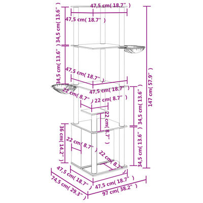 vidaXL Draskyklė katėms su stovais iš sizalio, šviesiai pilka, 147cm