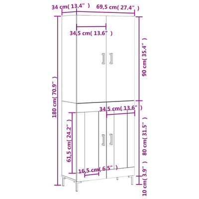 vidaXL Komoda, betono pilkos spalvos, 69,5x34x180cm, apdirbta mediena