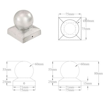 vidaXL Stulpų dangteliai, 6vnt., 71x71mm, galvanizuotas metalas