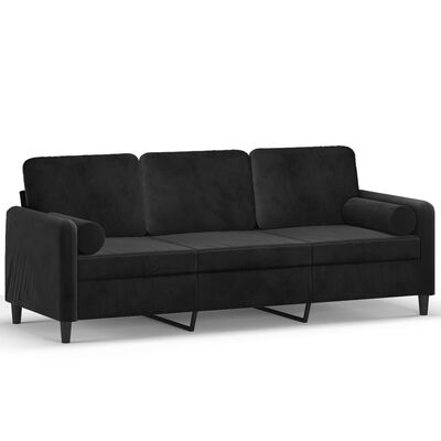 vidaXL Trivietė sofa su pagalvėlėmis, juodos spalvos, 180cm, aksomas