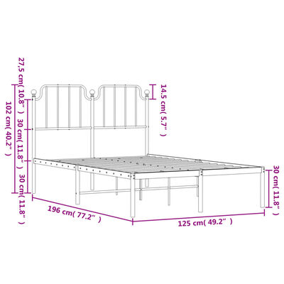 vidaXL Metalinis lovos rėmas su galvūgaliu, baltos spalvos, 120x190cm