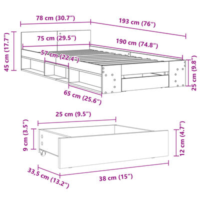 vidaXL Lovos rėmas su stalčiumi, betono, 75x190cm, apdirbta mediena