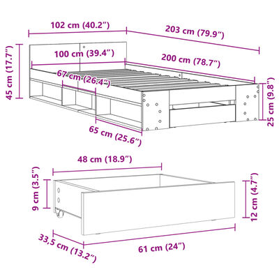 vidaXL Lovos rėmas su stalčiumi, pilkas ąžuolo, 100x200cm, mediena