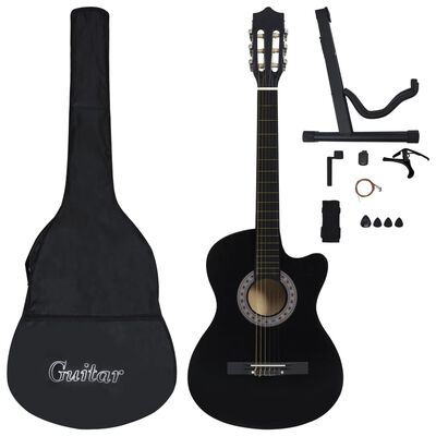 vidaXL Klasikinės gitaros rinkinys, 12 dalių, juodas, 38", 6 stygos