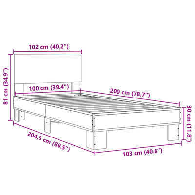 vidaXL Lovos rėmas, pilkas ąžuolo, 100x200cm, apdirbta mediena/metalas