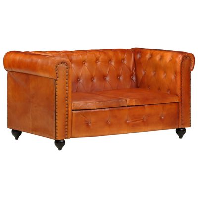 vidaXL Dvivietė chesterfield sofa, gelsvai rudos spalvos, tikra oda