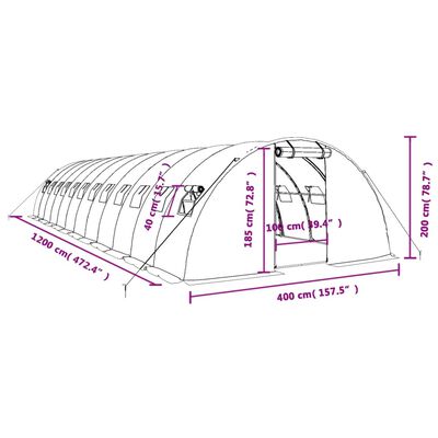 vidaXL Šiltnamis su plieno rėmu, baltos spalvos, 12x4x2m, 48m²