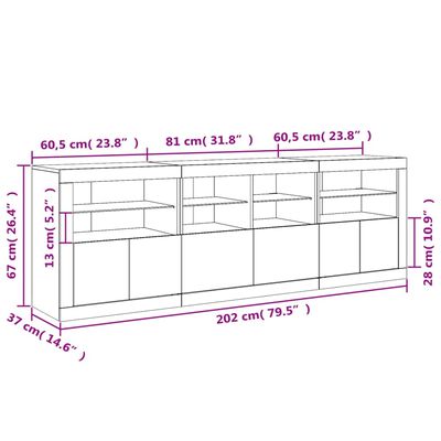 vidaXL Šoninė spintelė su LED lemputėmis, baltos spalvos, 202x37x67cm