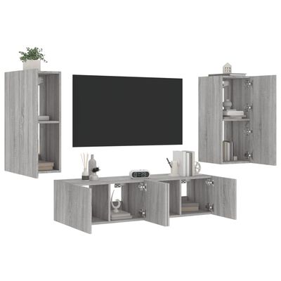 vidaXL Sieninė TV sekcija su LED, 4 dalių, pilka ąžuolo, mediena