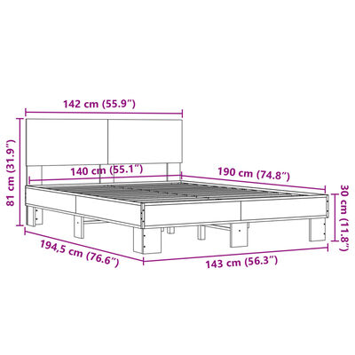 vidaXL Lovos rėmas, ąžuolo, 140x190cm, apdirbta mediena ir metalas