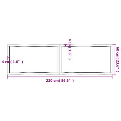 vidaXL Stalviršis, šviesiai rudas, 220x60x(2-6) cm, medienos masyvas