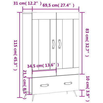 vidaXL Komoda, juodos spalvos, 69,5x31x115cm, apdirbta mediena