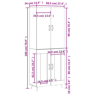 vidaXL Komoda, juodos spalvos, 69,5x34x180cm, apdirbta mediena