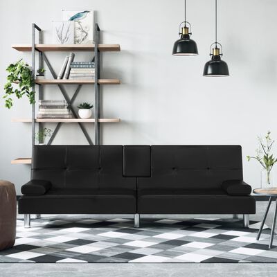 vidaXL Sofa-lova su puodelių laikikliais, juodos spalvos, dirbtinė oda