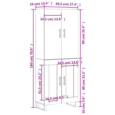 vidaXL Komoda, baltos spalvos, 69,5x34x180cm, apdirbta mediena