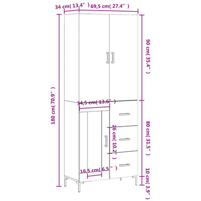 vidaXL Komoda, baltos spalvos, 69,5x34x180cm, apdirbta mediena, blizgi