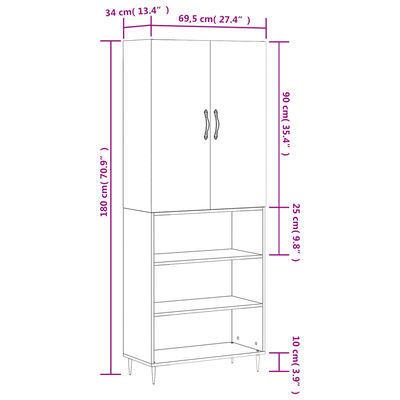 vidaXL Komoda, baltos spalvos, 69,5x34x180cm, apdirbta mediena