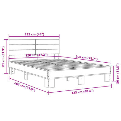 vidaXL Lovos rėmas, pilkas ąžuolo, 120x200cm, apdirbta mediena/metalas