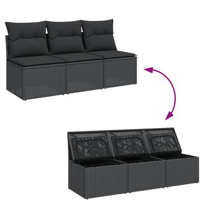 vidaXL Trivietė sodo sofa su pagalvėlėmis, juodos spalvos, poliratanas