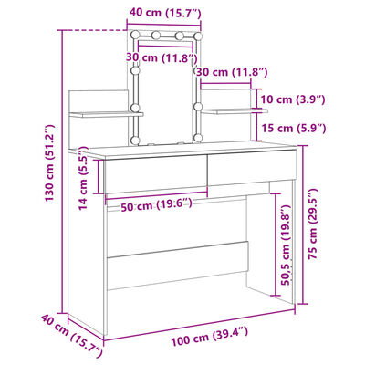 vidaXL Kosmetinis staliukas su LED, rudas ąžuolo, 100x40x130cm