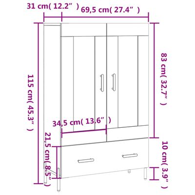 vidaXL Komoda, baltos spalvos, 69,5x31x115cm, apdirbta mediena, blizgi