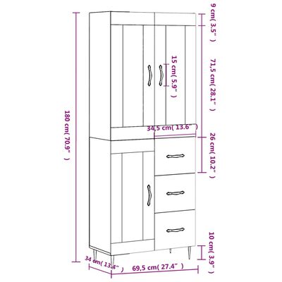 vidaXL Komoda, betono pilkos spalvos, 69,5x34x180cm, apdirbta mediena