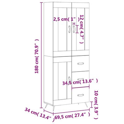 vidaXL Komoda, baltos spalvos, 69,5x34x180cm, apdirbta mediena, blizgi