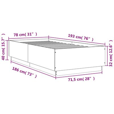 vidaXL Lovos rėmas su LED, baltas, 75x190cm, apdirbta mediena